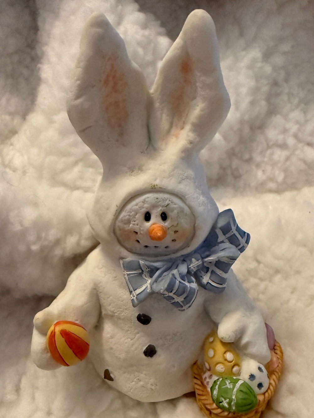 Sarah’s attic vintage White Bunny Snowman Figurine with Blue Bow and Easter Eggs